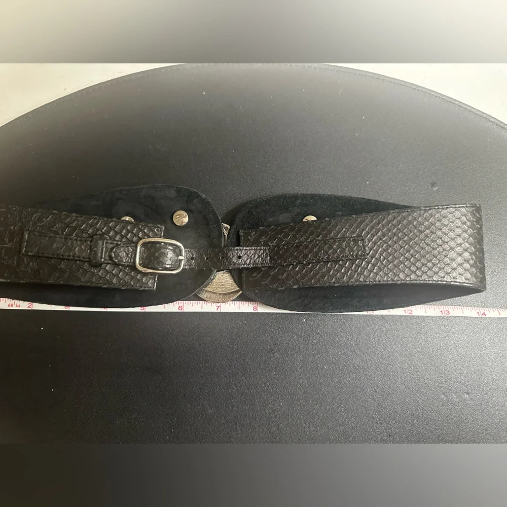 Raina Black Leather Belt Wide Hammered Silvertone
